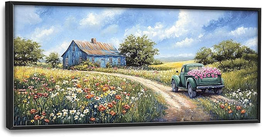 Flintis Large Farmhouse Barn Framed Wall Art Country Green Truck Flowers Pictures Wall Decor Abstract Canvas Painting Print Artworks Decor Framed for Living Room Bathroom Master Bedroom 60L X 30W