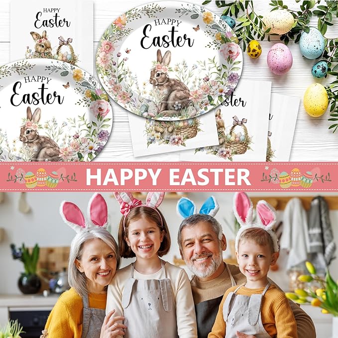 Happy Easter Oval Paper Plates Vintage Bunny Rabbit Flower Plates and Napkins Party Decorations Easter Floral Party Supplies 11inch Heavy Duty Dish Tray Dinnerware for Spring Picnic, 25 Guest