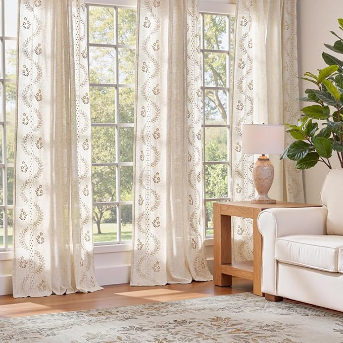 jinchan Belrose Linen Curtains for Bedroom Floral Curtains 63 Inch Length Linen Blend Beige Embroidered Drapes Farmhouse Flower Patterned Drapes for Living Room Window Treatments Set 2 Panels