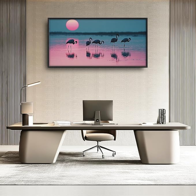 Olivine Flamingo Wall Art, Sunset Pictures Wall Decor, Beach Painting, Tropical Animal Canvas Prints, Framed Artwork for Bathroom Bedroom Living Room Office Home Decoration 60"x30"