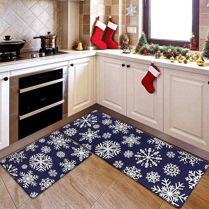 SHACOS Christmas Kitchen Rugs Set of 2 Anti-Fatigue Kitchen Mats Cushioned Blue Christmas Kitchen Rugs White Snow Farmhouse Kitchen Mats and Rugs for Xmas 17x27.5+17x47, Blue Snowflakes