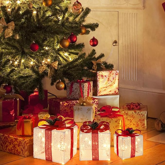 Christmas Lighted Gift Boxes with Lace Cloth, Pre-lit Lights Gift Boxes Set of 3, Light up Present Boxes Set Battery Operated with Different Sizes for Holiday Indoor Outdoor Decorations