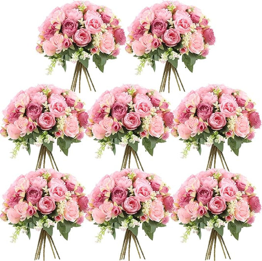 Geosar 8 Bundles Artificial Peonies Flowers Fake Silk Peony Bouquet Faux Peonies Flowers Bulk for Decoration Vase Florals Arrangements Wedding Party Table (Russet Red,Light Pink)