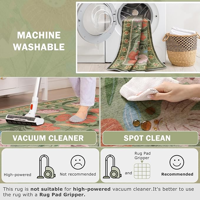 Beeiva 8x10 Washable Rug, Soft Floral Green Rugs for Living Room Indoor, Large Soft Low Pile Flower Carpet for Playroom Kids Dining Room Clasroom Dorm Décor (Green,8'x10')