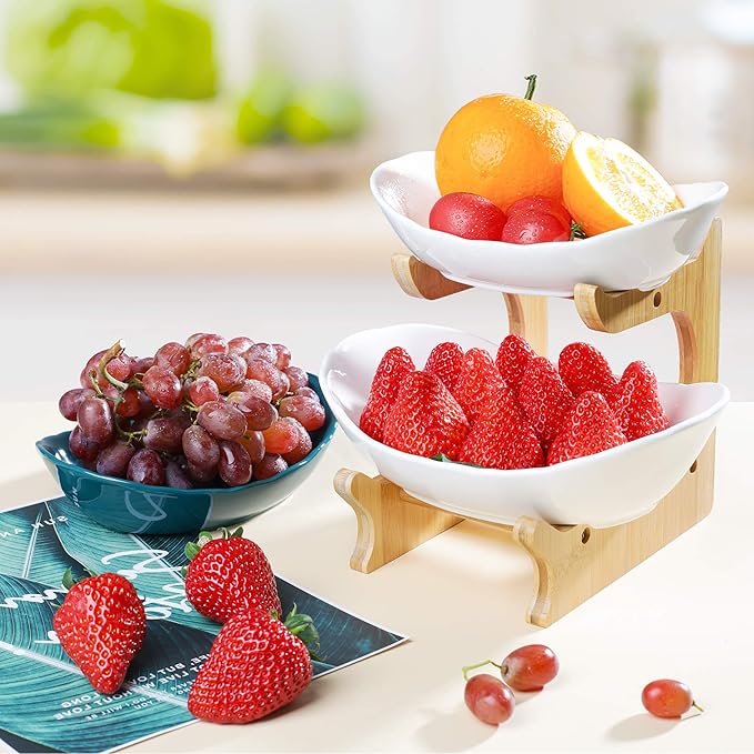 Seven Sparta 2 Tier Fruit Bowl for Kitchen Counter/Ceramic Serving Bowls with Bamboo Stand/Tiered Fruit Basket for Fruit Vegetable Storage, Cake, Dessert, Nuts, Snack, Salad (Dishwasher Safe)