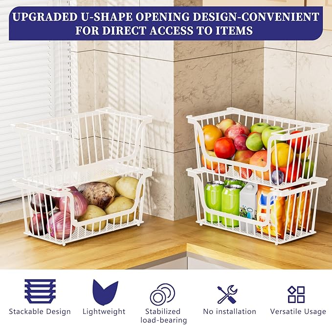 Enhanced Leak-Proof Bottom Stackable Wire Baskets, 4 Pack Pantry Organizers and Storage, Pantry Storage，Shelf Baskets, Fruit Basket, Potato and Onion Storage Bins，(White)