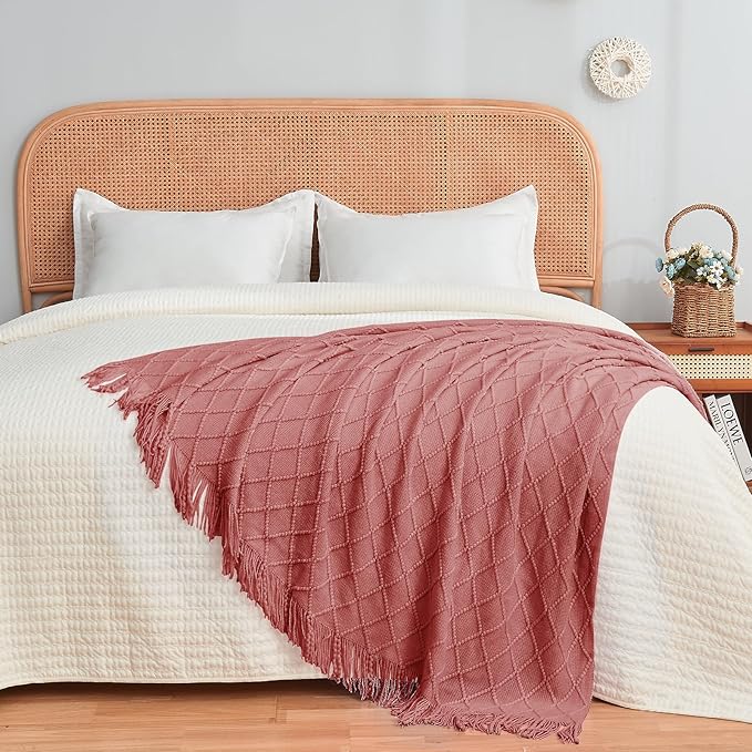 inhand Knitted Throw Blankets for Couch and Bed, Soft Cozy Knit Blanket with Tassel, Coral Pink Lightweight Decorative Blankets and Throws, Farmhouse Warm Woven Blanket for Men and Women, 60"x80"