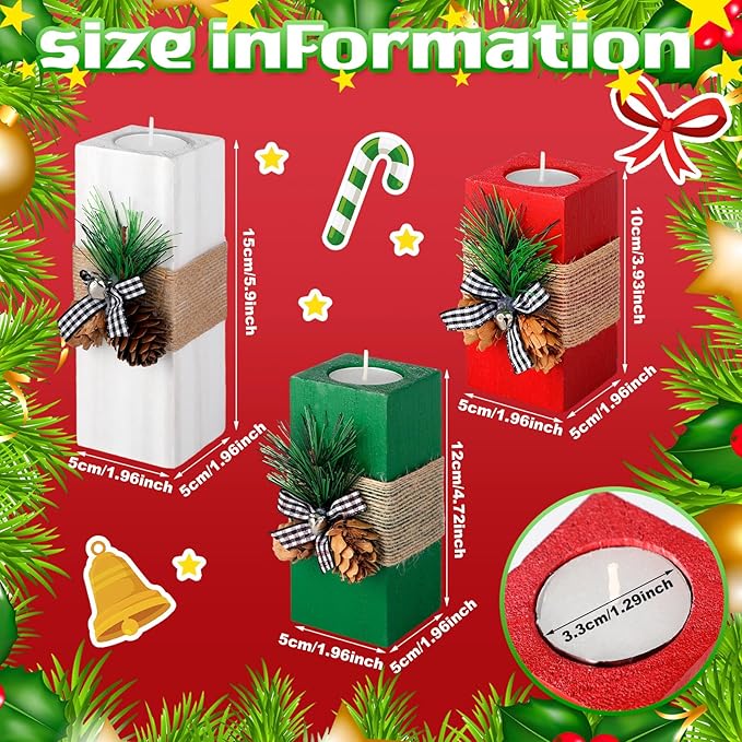Sliner 3 Pcs Christmas Candle Holders with Candles Wooden Xmas Tealight Candle Holders Decorations Red White Green Votive Wood Candlestick for Christmas Table Centerpiece Decor Xmas Gifts