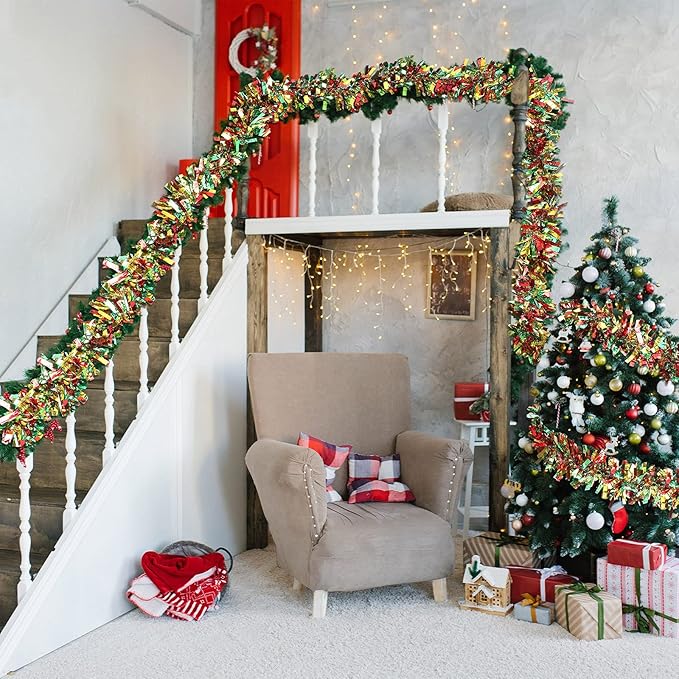 Dingion 59 Feet Christmas Tinsel Garland Metallic Twist Ornaments Hanging Glitter Xmas Garland for Christmas Tree Indoor Outdoor Decoration Party Supplies