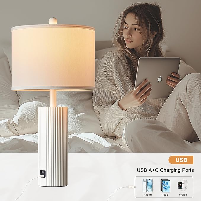 24.5" White Lamps Set of 2, Modern Table Lamps for Living Room with USB C+A Ports, Creative Stripe Touch Lamps for Nightstand, 2 Bulbs Included