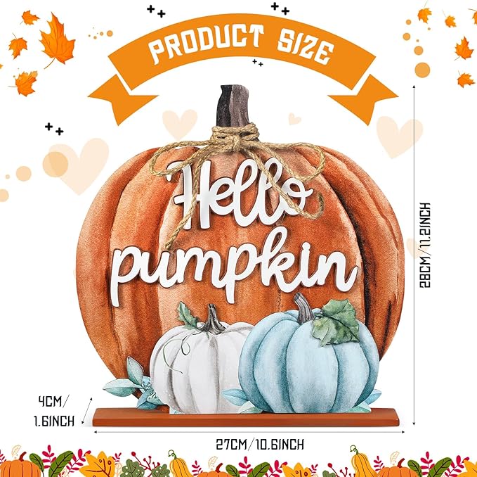 Soaoo Fall Decoration Wooden Fall Hello Pumpkin Sign Autumn Pumpkin Table Decor 11 Inch Wooden Autumn Desktop Ornament for Farmhouse Home Living Room Harvest Day Thanksgiving Decor(Orange,Warm)