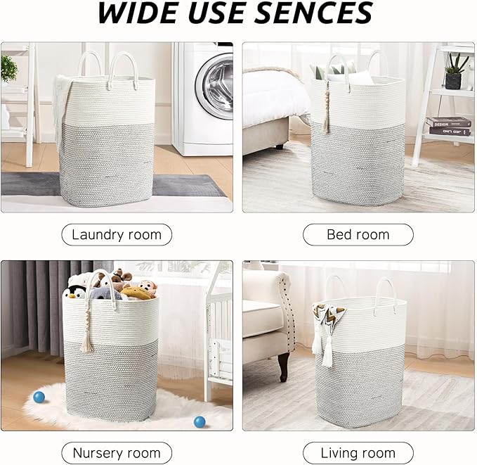 Woven Laundry Basket for Clothes, 100 L Large Rectangle Laundry Hampers with Beads Tassel, Nursery Storage Basket for Toys, Tall Dirty Clothes Hamper for Bedroom Aesthetic, Laundry Room Organization