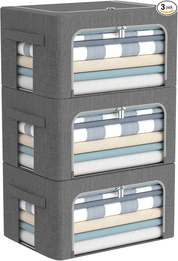 3Pack Foldable Storage Bins - Frame Storage Box Linen Fabric Stackable Clothes Container Organizer with Clear Window & Carry Handles Large Capacity (Small-22L, Dark Gray)