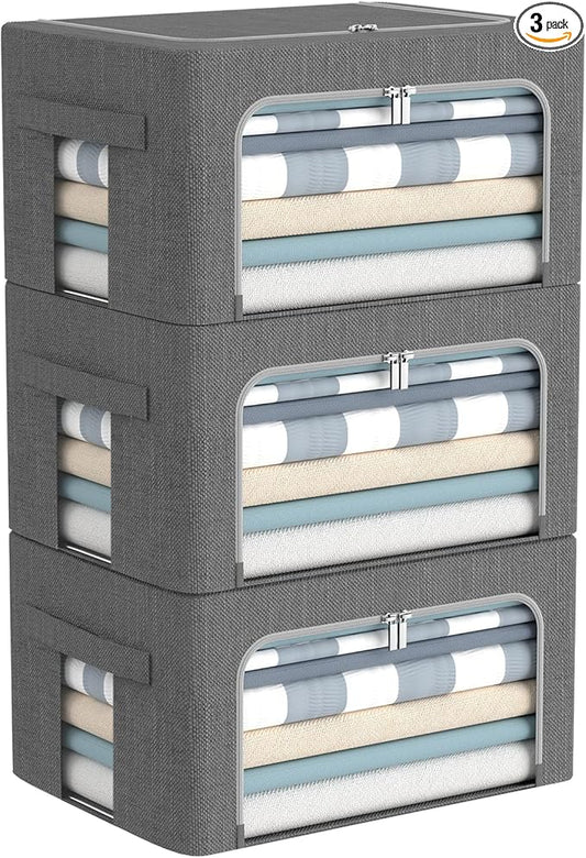 3Pack Foldable Storage Bins - Frame Storage Box Linen Fabric Stackable Clothes Container Organizer with Clear Window & Carry Handles Large Capacity (Small-22L, Dark Gray)