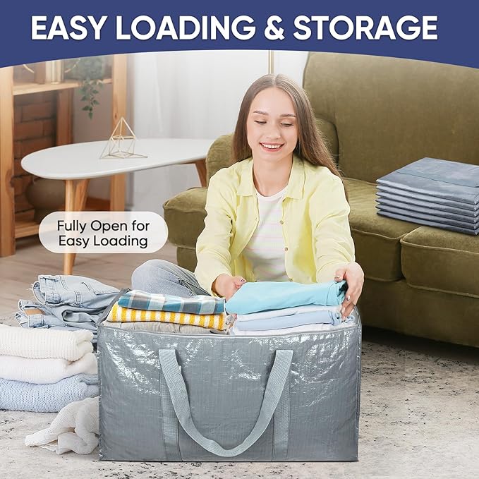 TICONN 4 Pack Extra Large Moving Bags with Zippers & Carrying Handles, Heavy-Duty Storage Tote Moving Boxes for Space Saving (4 Pack, Light Grey)