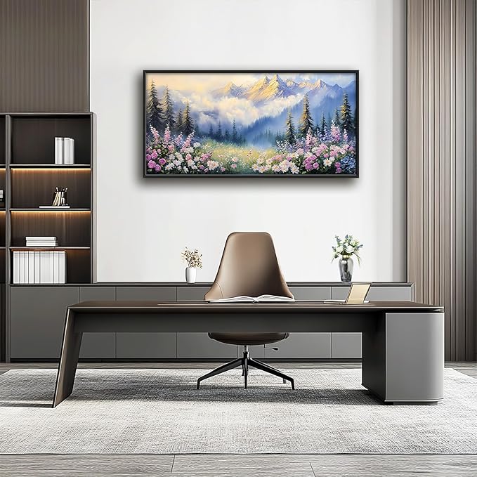 Framed Large Wall Art for Living Room, Forest Mountain Canvas Wall Decor, Flowers Tree Pictures Painting, Modern Landscape Artwork for Bedroom Office 60L'' × 30W''