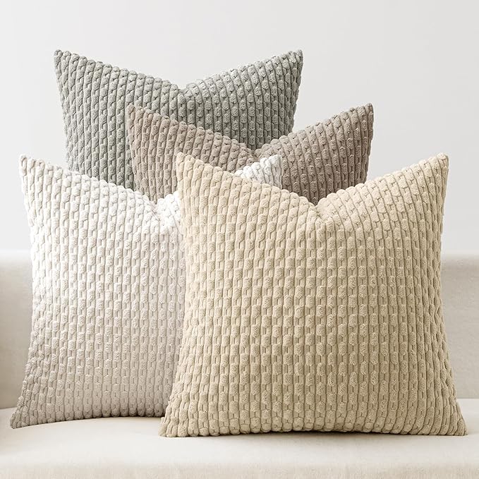 MIULEE Throw Pillow Covers Soft Couch Decorative Set of 4 Boho Striped Cushion Corduroy Pillowcases Farmhouse Rustic Mid Modern Home Decor for Couch Bed Sofa Living Room 18x18 Inch Neutral Harmony