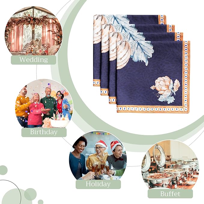 Maison d' Hermine Cloth Napkins Set of 4 100% Cotton Everyday Reusable Square Napkins Cloth Washable, Dinner, Party, Wedding, Restaurant (Pumpkin Blues, 20" x 20")