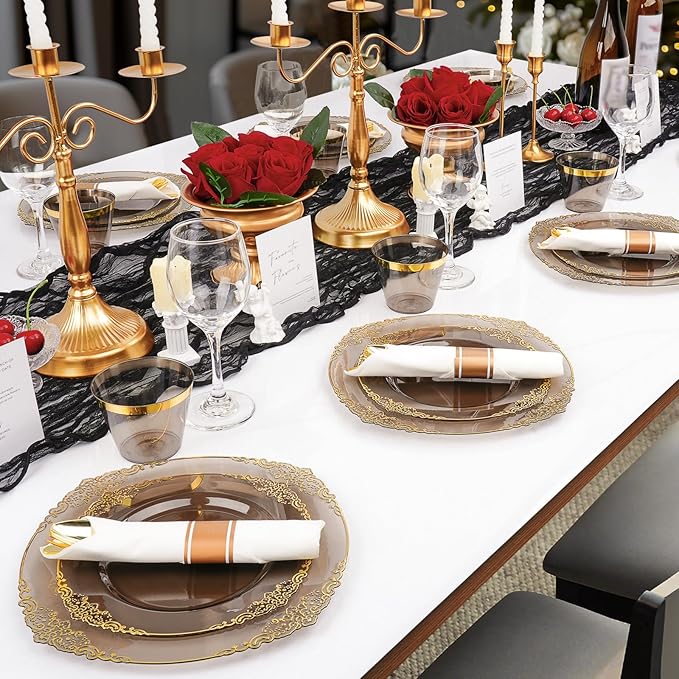 350 PCS Black and Gold Plastic Plates, Disposable Dinnerware Set for 50 Guests, 100 Disposable Plates, 150 Silverwares, 50 Cups, 50 Napkins for Wedding, Party, Graduation