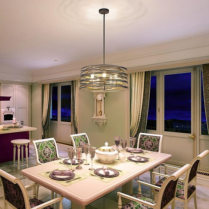 19.7'' Double Round Metal Chandelier, 5-Light Modern Farmhouse Dining Room Lights Over Table, Gold Chandelier for Hallway Kitchen Island Entryway Stairwell, Silver with Gold Interior