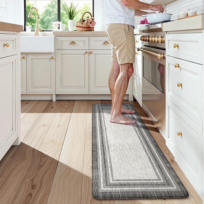 KIMODE Anti Fatigue Kitchen Mat, Cushioned Farmhouse Kitchen Runner Rug, Non Slip Waterproof Kitchen Mat for Floor, Comfort Foam Standing Desk Mat for Laundry, Office, Sink Grey 17.3"x59"