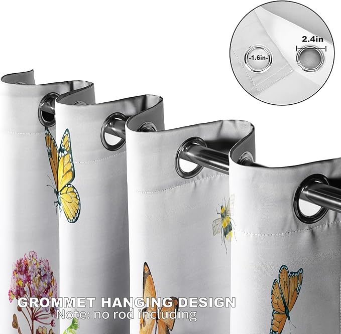 MissHope Spring Flowers Floral Blackout Curtains Colorful Wildflower Botanical Butterfly Bee Green Plant Leaves Decor for Home Bedroom Living Room Grommet Window Drapes 2 Panels, 52x84 Inch