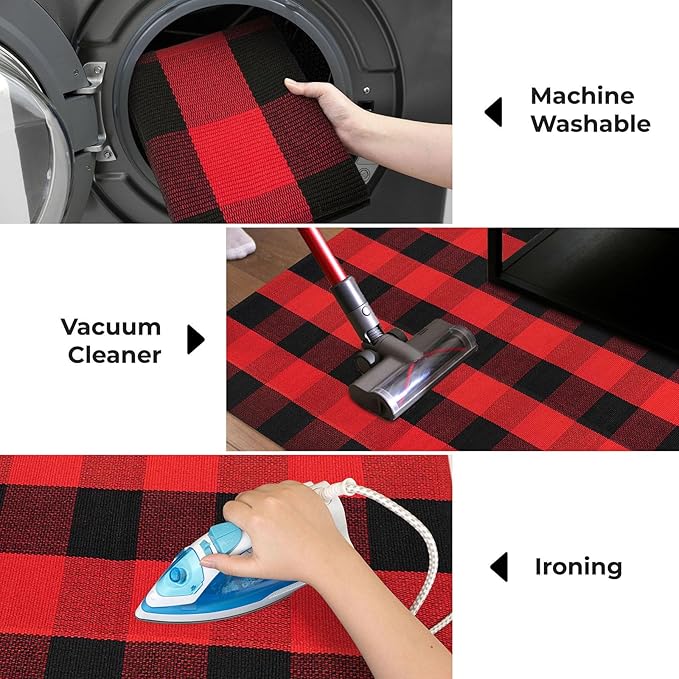 KOZYFLY Buffalo Plaid Rug 2x8 Ft Runners for Hallways Washable Checkered Rug Red and Black Christmas Rugs Woven Cotton Kitchen Fall Rug Halloween Decor for Hallway Kitchen Living Room