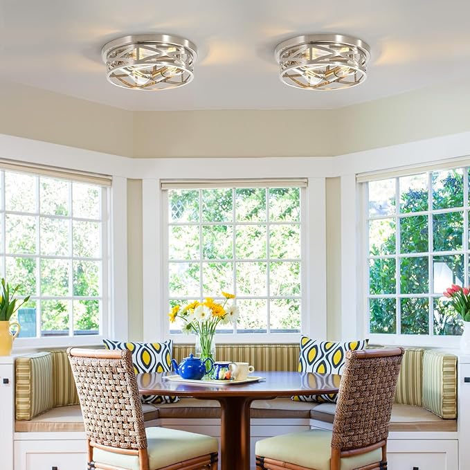 13 inch Brushed Nickel Flush Mount Ceiling Light Fixtures,3-Light Industrial Farmhouse Ceiling Light Fixture,Brushed Nickel Light Fixture Ceiling Mount for Kitchen Bedroom Living Room Hallway 1 Pack