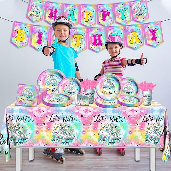 Roller Skating Party Supplies - 142Pcs Roller Skate Party Tableware Include Plates,Napkins,Cups,Banner,Tablecloth Let's Roll Birthday Decorations for Girl（20 Guests）