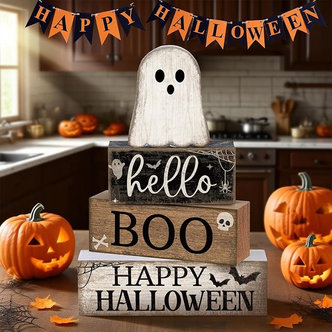 4 Pcs Halloween Table Decoration Wooden Ghost Tiered Tray Decor Rustic Wood Surprised Ghost Block Signs Halloween Centerpiece Farmhouse for Home Tabletop Kitchen Shelf and Party Gift