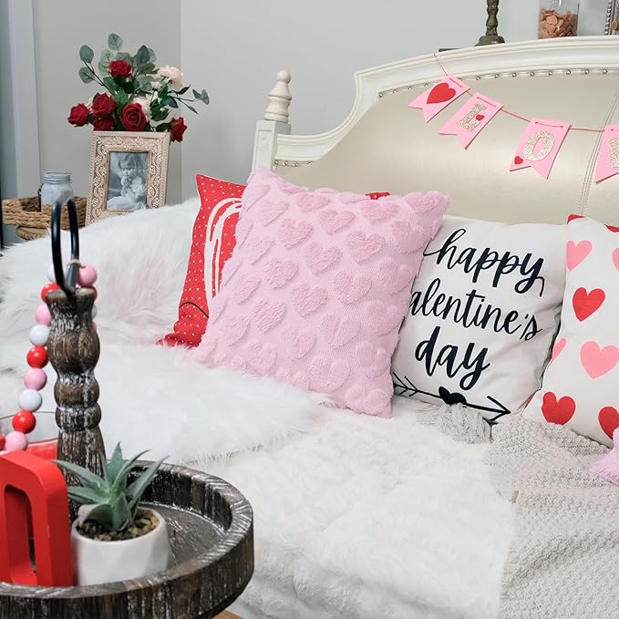 GEEORY Valentines Day Soft Plush Love Heart Pillow Covers, 20 x 20 Inch Set of 2, Faux Fur Wool Decorative Anniversary Cushion Case for Sofa Home Decoration Pink GC011-20
