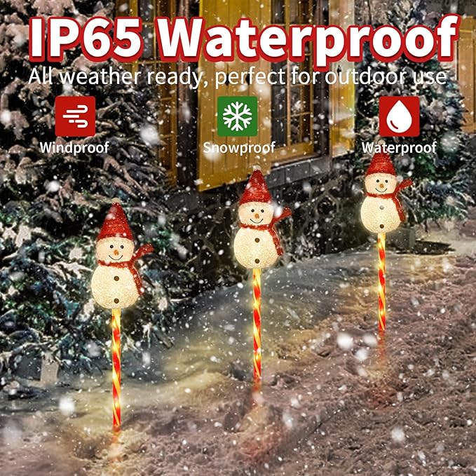 Set of 3 Snowman Solar Christmas Decorations, 8 Modes Solar Garden Lights, Candy Cane Christmas Stake Light, Outdoor Xmas Decor for Yard, Patio, Pathway (Warm White)