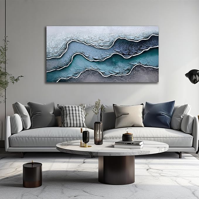 Beach Oil Painting Wall Art for Office Blue and White Wall Decor for Bedroom Wall Pictures for Living Room Size 24 x 47 Inch