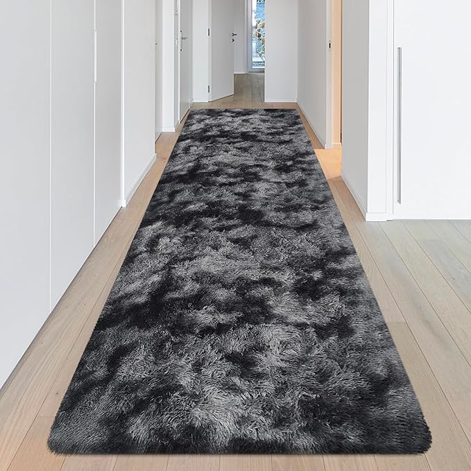 Tie-Dyed Runner Rug for Bedroom Black Grey 3x10ft Fluffy Area Rug Bedside Runner Rug for Kids Room Boys Teens Nursery Baby Living Room Dorm Home Decor Carpets