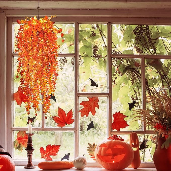 SJL Artificial Hanging Plant Pack of 4 Fall Outdoor Hanging Plants with Lights Artificial Decor Plant Fall Faux Vine Plants Faux Autumn Flowers for Farmhouse Kitchen Party Thanksgiving (Gold)