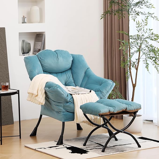 Lazy Chair with Ottoman, Modern Chair with Folding Footrest, Lounge Accent Chair, Comfortable Reading Chair (Velvet Light Blue