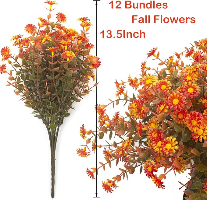 12 Bundles Artificial Fall Flowers for Outdoors Fake Plants - Faux Outside Greenery Boxwood No Fade Plastic Shrubs Decor Farmhouse Home Garden Thanksgiving (Fall Red)