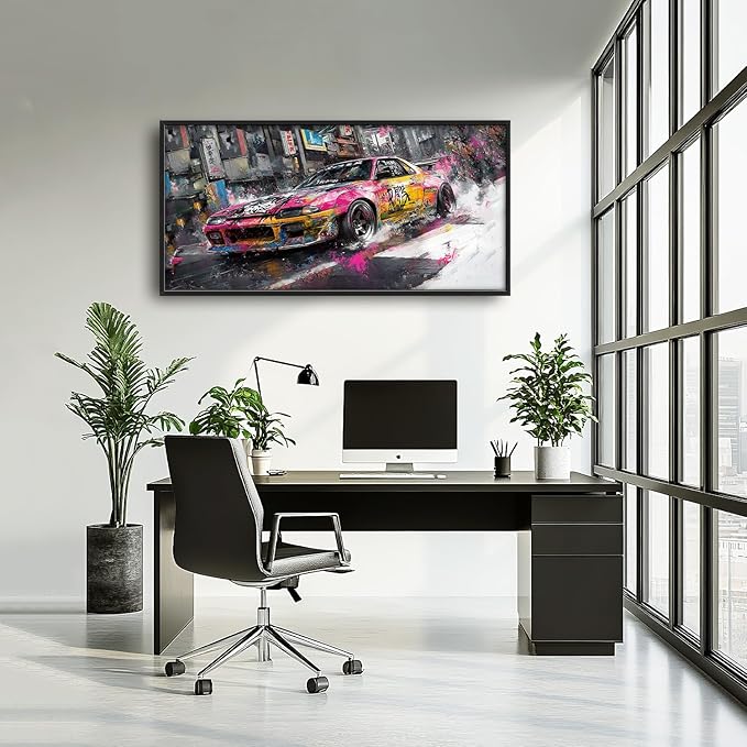 Flintis Large Japanese Graffiti Car Framed Wall Art Racing Car Pictures Wall Decor Abstract Street Racing Canvas Painting Print Artworks Framed for Living Room Bathroom Master Bedroom 60L X 30W