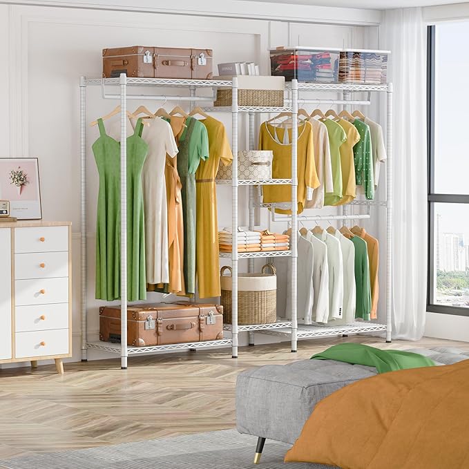 LEHOM G6 Wire Garment Rack Heavy Duty Clothes Rack Compact Large Size Armoire Storage Rack Freestanding Metal Clothing Rack Closet Wardrobe with 3 Hanger Rod and 4 Large Shelves 4 Small Shelves, White