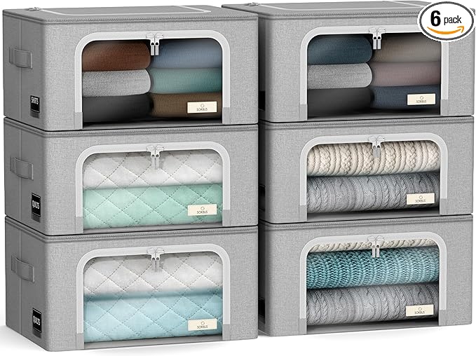 Sorbus Storage Bins with Metal Frame - Stackable & Foldable Clothes Organizer Bags - Oxford Fabric Storage Containers with Large Clear Window & Carry Handles, Bedroom Organization for Bedding & Linen