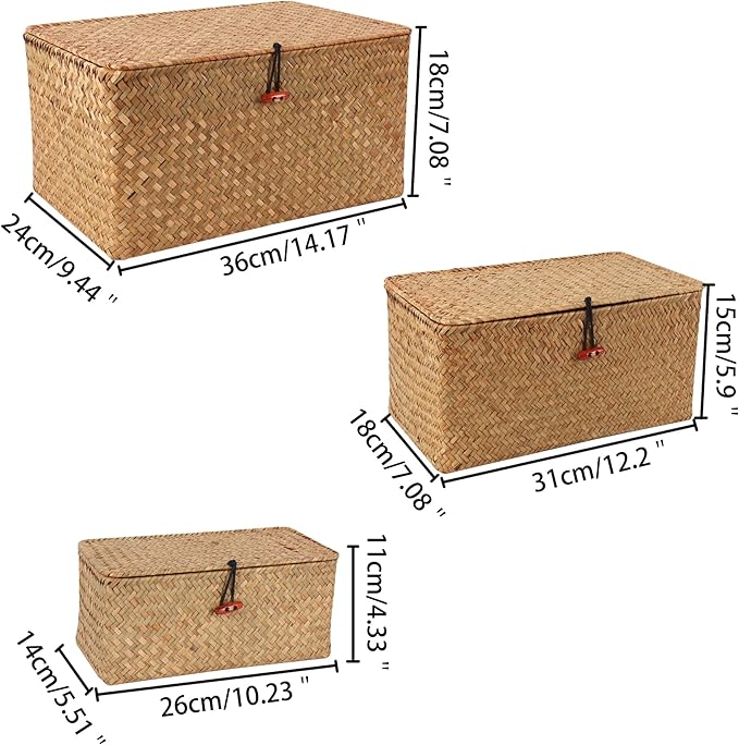 Wicker Shelf Baskets with Lid,Natural Seagrass Storage Basket Boxes Handwoven Rectangular Baskets Bins Multipurpose Home Organizer Decor (Large+Medium+Small)