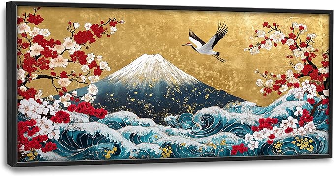 Japanese Large Wall Art for Living Room, Fuji Mountain Oversized Wall Decor Pictures, Ocean Wave Framed Canvas Print Painting, Vintage Artwork for Bedroom Office Home Decor 60"x30"