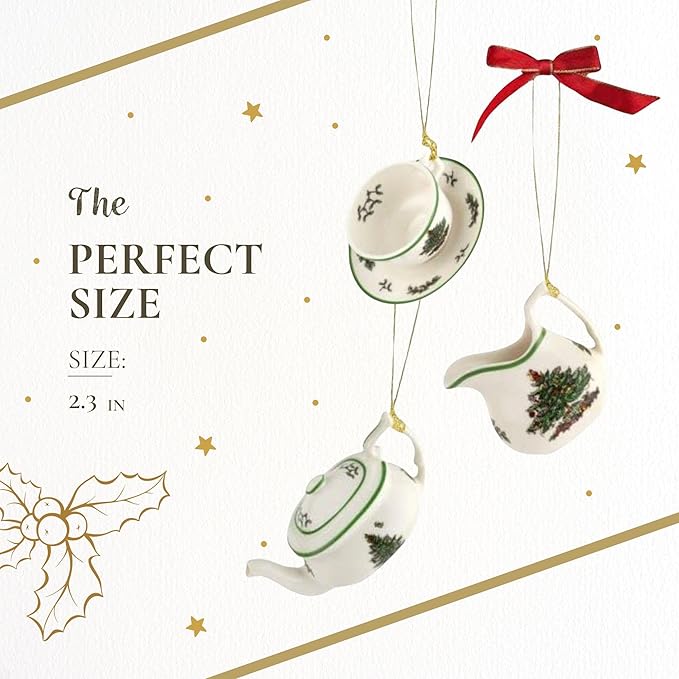 Spode Christmas Tree 3-Piece Tea Set Ornament, Durable Holiday Ornament for Festive Decor & Winter Wonderland Display - Sleek Seasonal Ornaments for Tree, Mantel, Holiday Home Decoration
