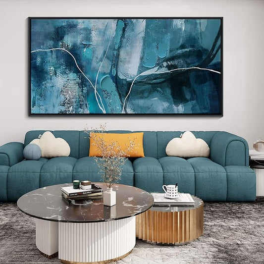 Abstract Canvas Wall Art -Blue-Green and Fan Art Large Wall Decor for Living Room Bedroom Decoration Framed Teal Pictures Artwork for Walls Size 29x58Inches