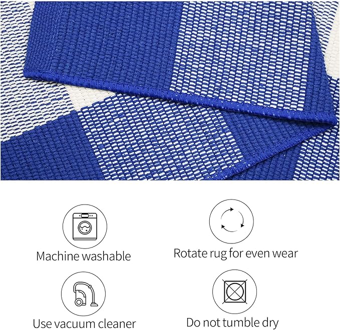 SEEKSEE Cotton Buffalo Plaid Rug 3'x5' Blue and White Checked Rug Washable Doormats Indoor Outdoor Rugs for Layered Front Door Mats, Porch, Kitchen, Farmhouse, Entryway