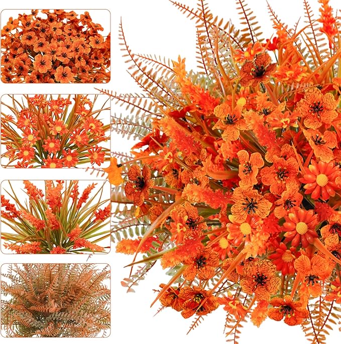 24 Pcs Artificial Fake Fall Flowers UV Resistant Faux Orange Mums Plants Arrangement for Outdoors Home Garden Window Porch Decor