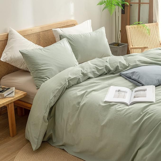 BESTOUCH Duvet Cover Set 100% Washed Cotton Linen Feel Super Soft Comfortable Chic Lightweight 3 PCs Home Bedding Set Solid Sage Green Super King