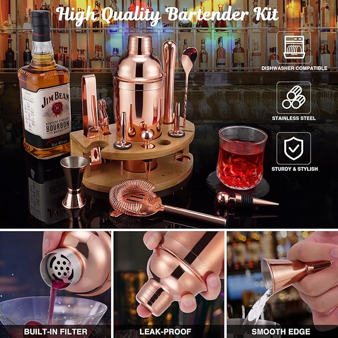 Bartender Kit with Bamboo Stand, 12 Piece 25oz Cocktail Shaker Set with All Essential Bar Tools Set for Drink Mixing, Ideal Gifts for Cocktail Lovers, Home Bar Bartending Kit with Cocktail Recipes