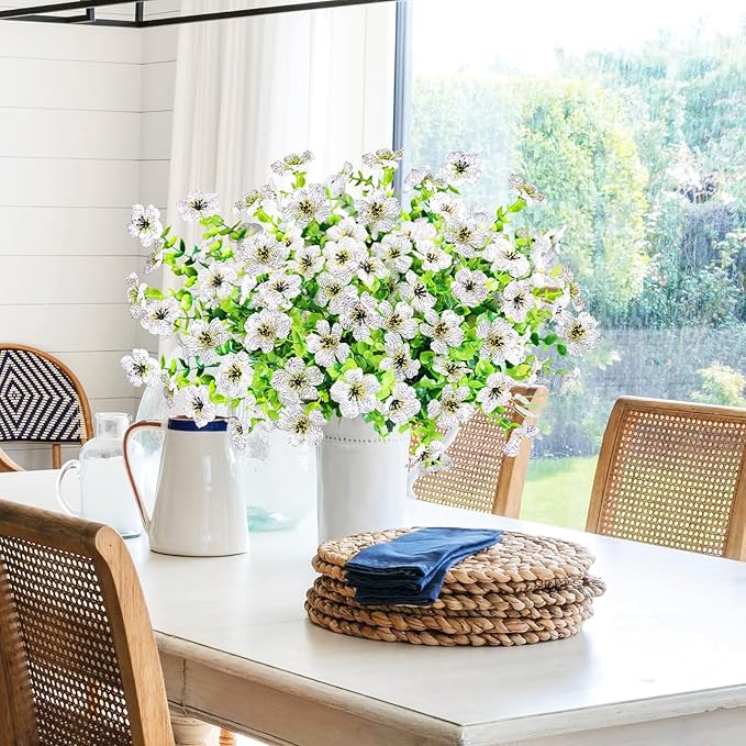 Agusbagli 10 Bundles Artificial Flowers Outdoor UV Resistant Fake Flowers No Fade Faux Plastic Greenery Shrub Plants for Wedding Home Garden Window Box Fireplace Thanksgiving Christmas Decor, White