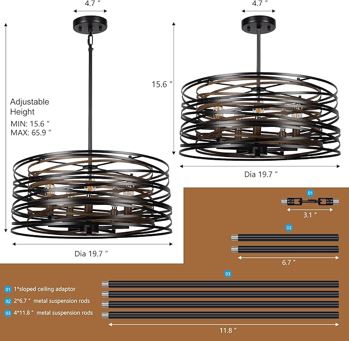 19.7'' Farmhouse Dining Room Light Fixture, 5-Light Metal Drum Chandelier, Black with Retro Wood Texture Interior